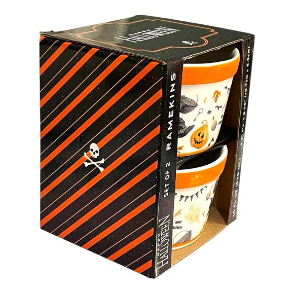 Whimsical Halloween Ramekins (2) Decorated W Bats Ghosts JackOLanterns Witch Hat - Picture 3 of 7